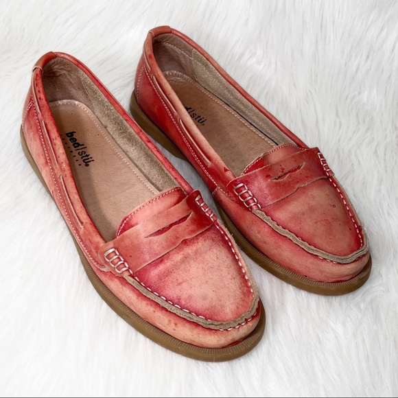 Bed Stu Shoes - SOLD-Bed Stu Distressed Organic Dyed Ombre Red Boho Leather Slip On Loafers